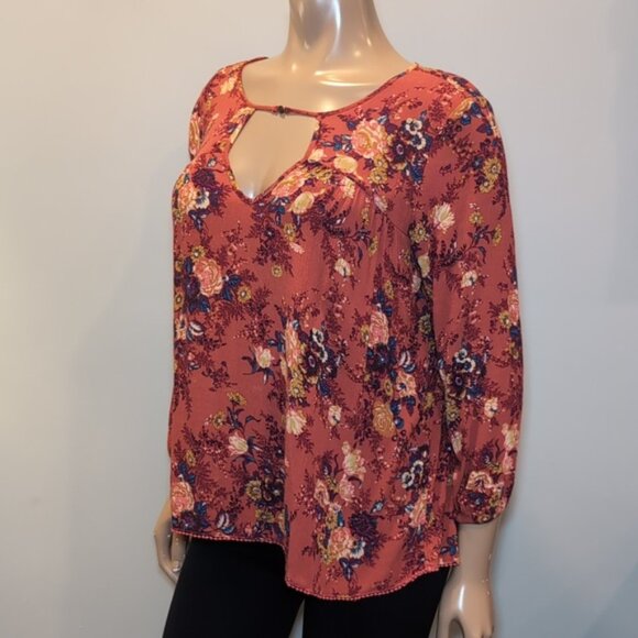 3/$20 American Eagle Floral Keyhole Flowy Blouse Boho Fall Long Sleeve AEO - Picture 5 of 13